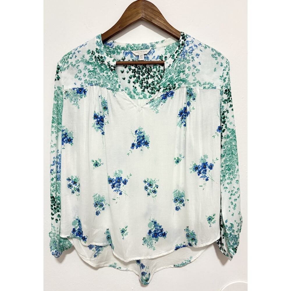 Lucky Brand 100% Viscose Floral Peasant Blouse Medium Blue Green Boho